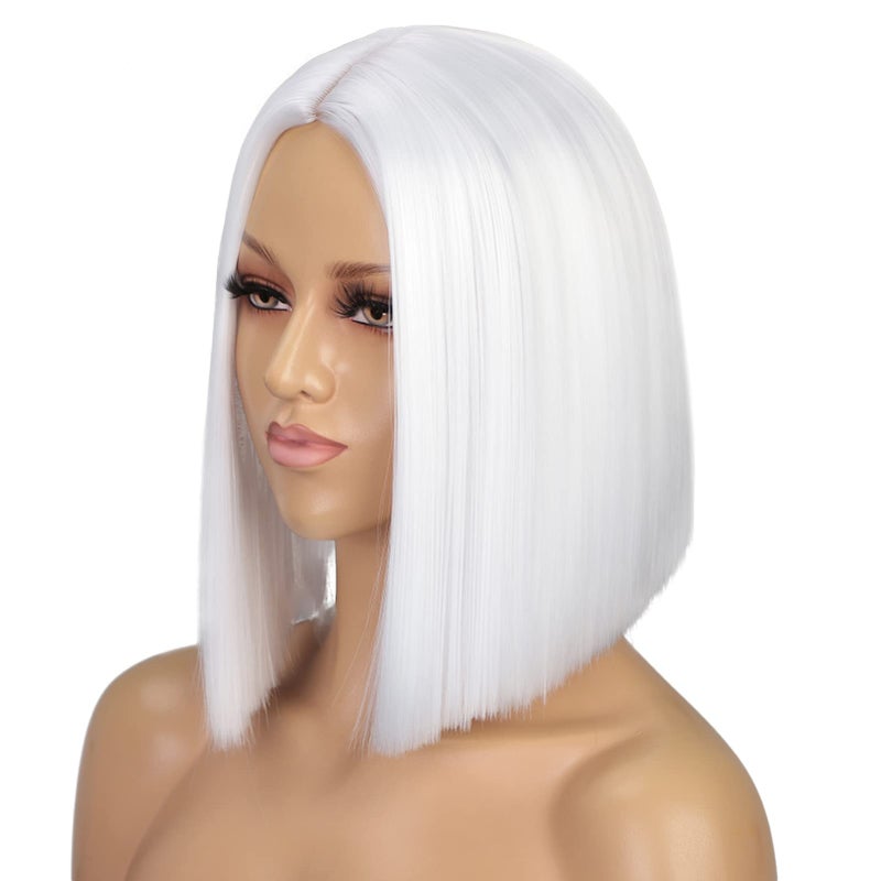 ENTRANCED STYLES White Wig Short Bob Wigs for Women 12Inch Heat Resistant Middle Part Straight Synthetic Wig Party Costume Halloween Cosplay Wig - Image 4